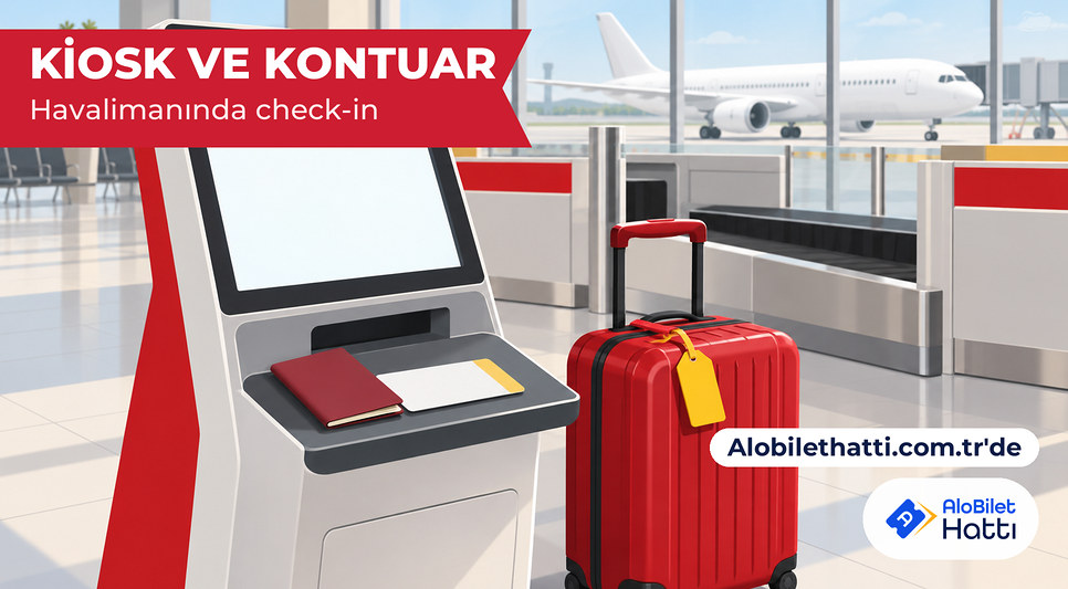 Self servis check-in kiosku yanında pasaport ve kabin bavulu