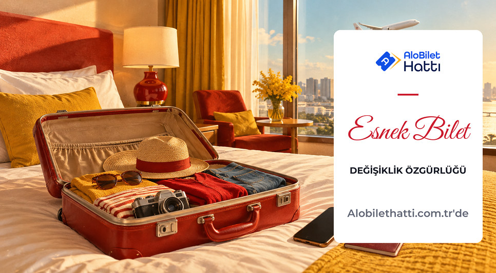 Otel odasında yatak üzerinde açık valiz ve telefon