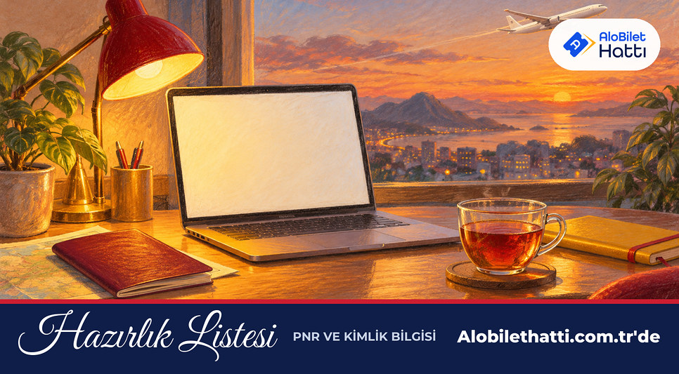Gece masa lambası altında dizüstü ve pasaport