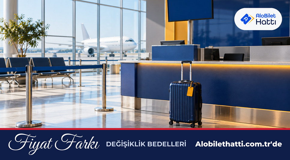 Havalimanı bilet bankosu ve kabin bavulu