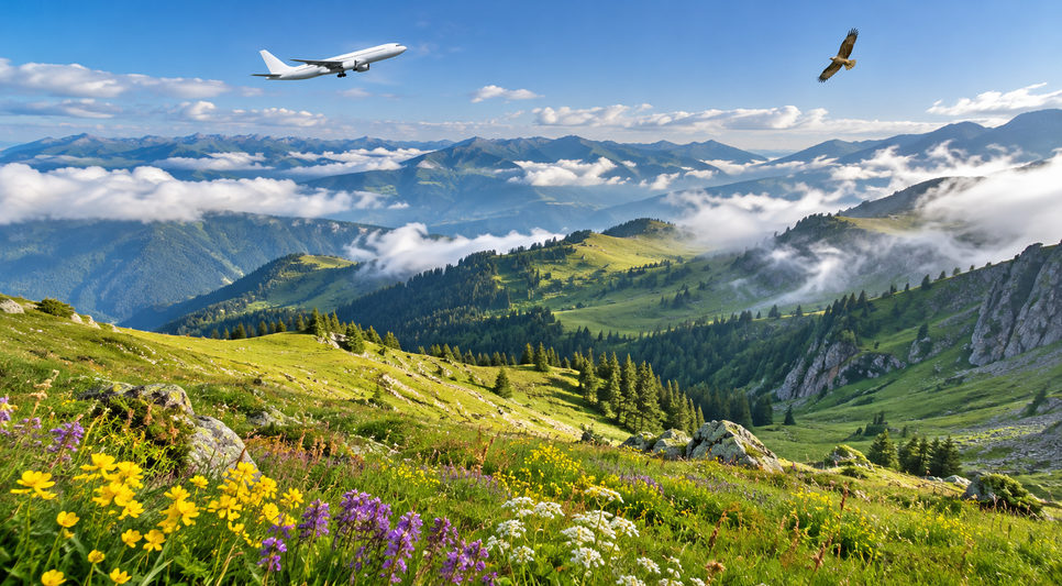 Yaz çiçekleriyle kaplı geniş yayla çayırı ve uzakta sis içindeki sırtlar
