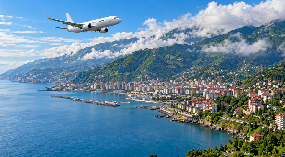 Trabzon kıyısında denize inen yeşil yamaçlar ve sahil boyunca uzanan şehir