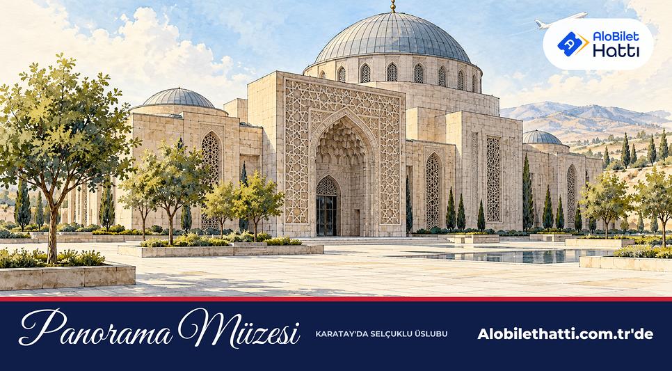 Selçuklu üslubunda taş cepheli, kubbeli bir müze binası ve önündeki meydan