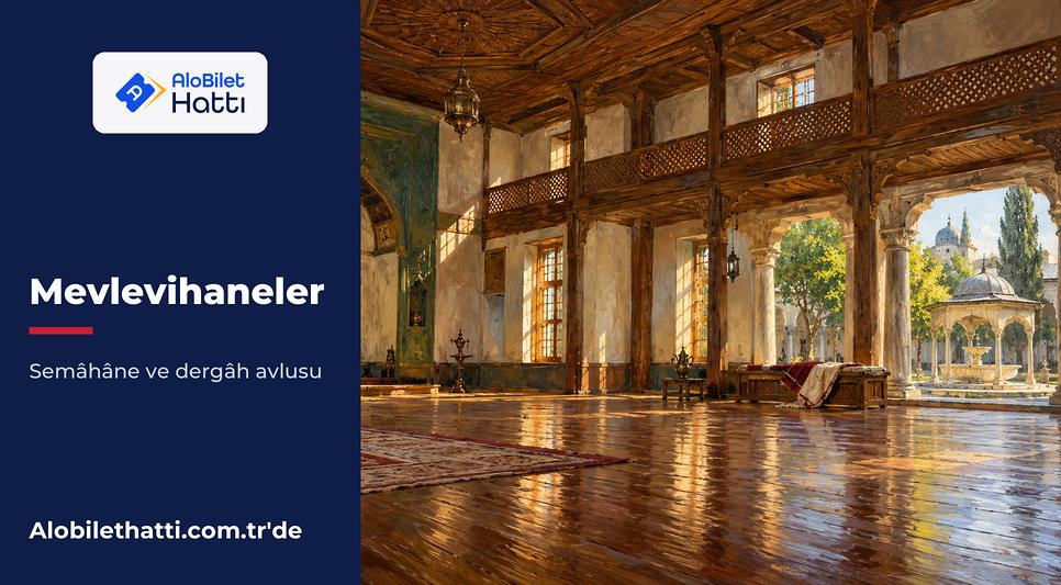 Ahşap tavanlı sade bir semâhâne ve avluya açılan uzun pencereler