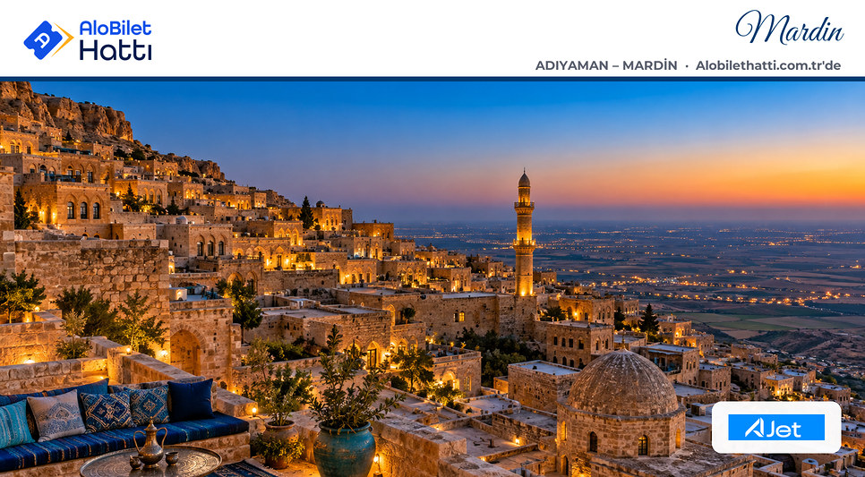 Mardin'in yamaca dizilmiş taş evleri ve aşağıda Mezopotamya ovası