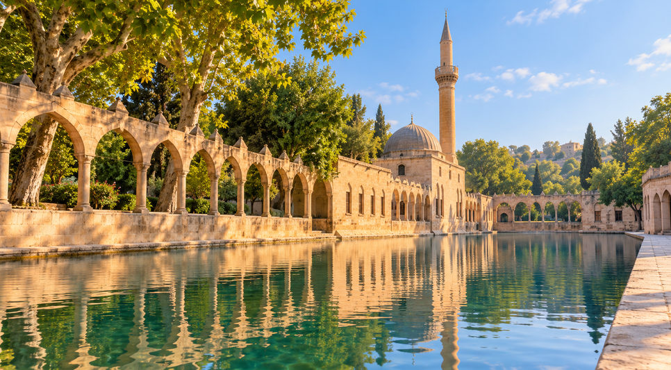 Şanlıurfa'da Balıklıgöl kıyısındaki taş yapılar ve çınarlar