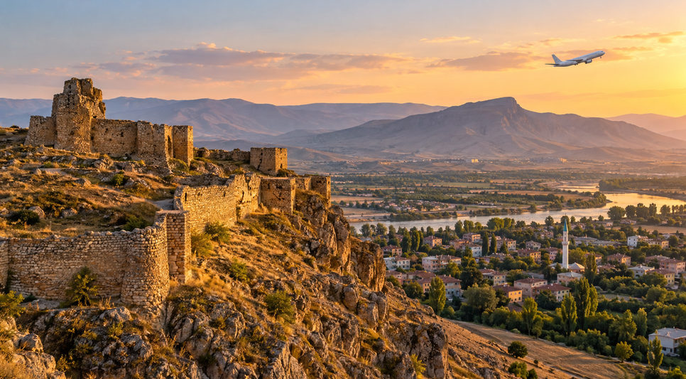 Elazığ ovasına bakan kayalık tepe üzerindeki eski taş kale surları