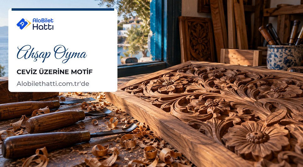 Ceviz ahşap pano üzerine oyulmuş çiçek ve kıvrık dal motifleri