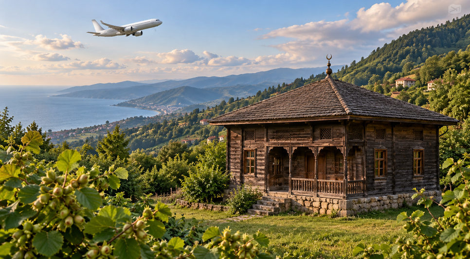 Yeşil tepeler arasında minaresi olmayan eski ahşap köy camisi