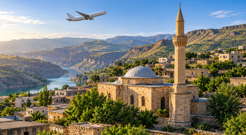 Taş evli bir ilçe merkezinde kesme taş cami ve ince minaresi