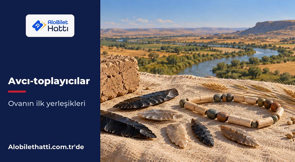Toprak üzerinde taş aletler, kemik boncuklar ve yabani tahıl başakları