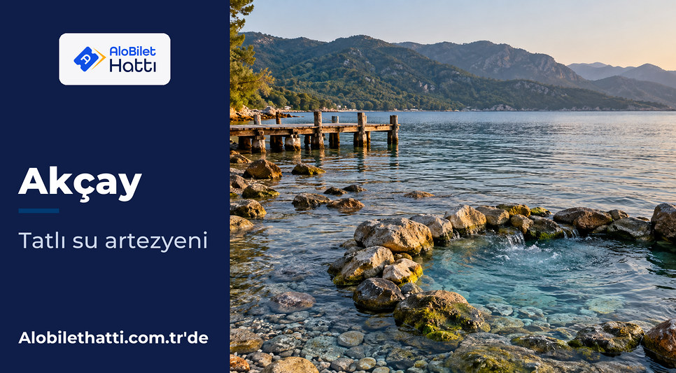 Akçay kıyısında taşla çevrili tatlı su kaynağı ve sakin deniz