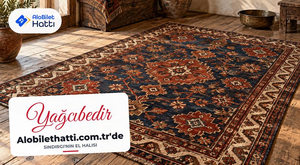 Lacivert zeminli, kırmızı ve kahverengi geometrik motifli yün el halısı
