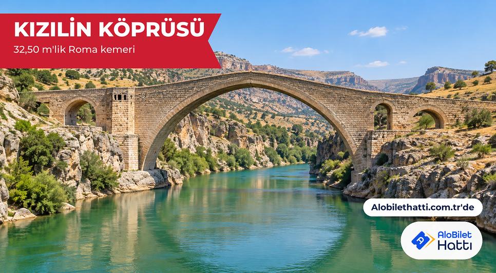Derin bir vadide çayın üzerinden geçen geniş açıklıklı tek büyük taş kemer