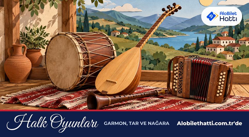 Dokuma örtü üzerinde tar, nağara davulu, zurna ve küçük akordeon