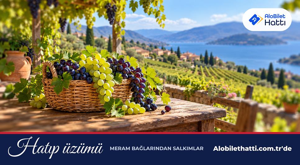 Hasır sepette yeşil ve mor salkımlı bağ üzümleri
