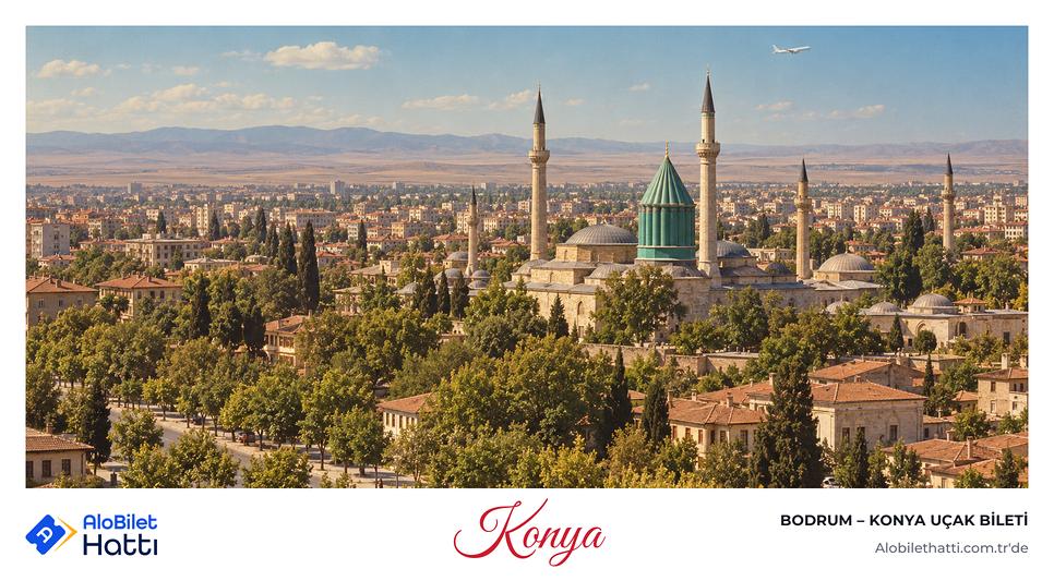 Konya'da geniş bir meydanın ardında yükselen yeşil kubbeli cami ve şehir silueti