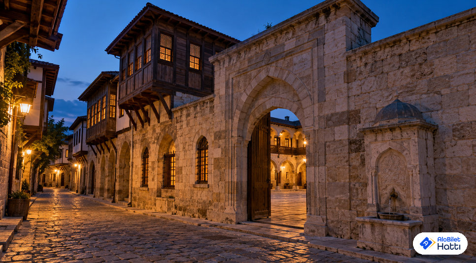 Taş han duvarı boyunca uzanan dar ve sessiz bir eski şehir sokağı