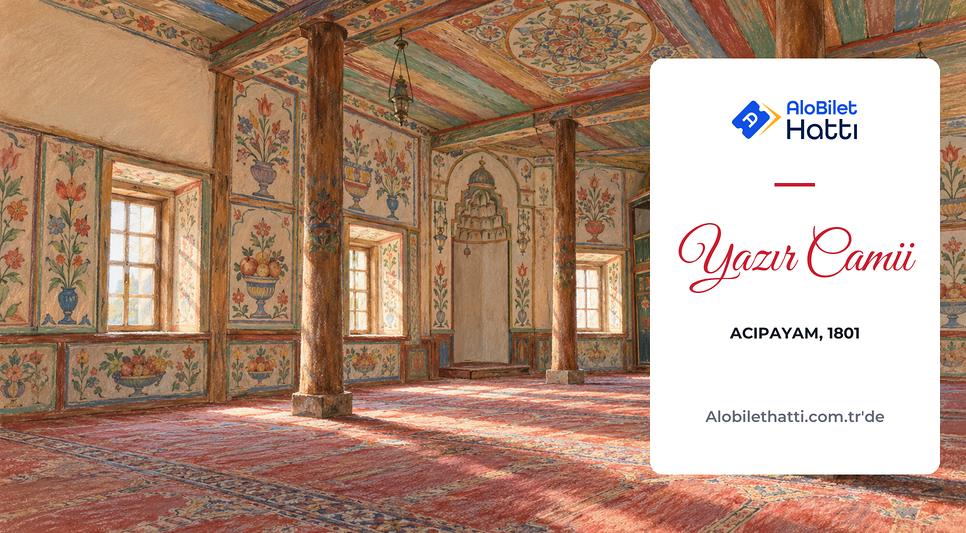 Ahşap sütunlu cami içinde çiçek ve meyve resimli boyalı duvar panoları
