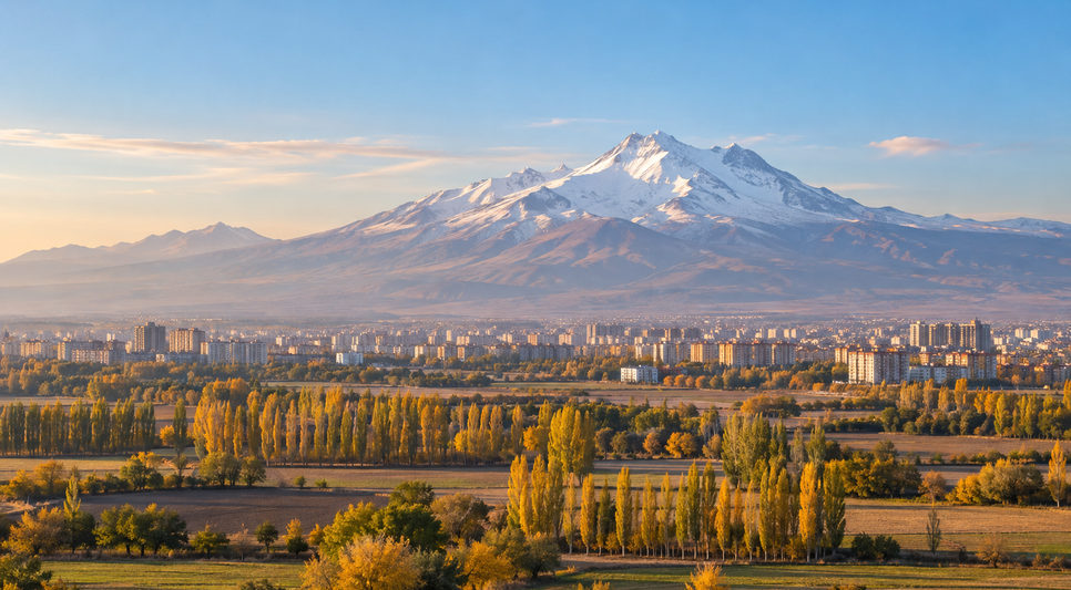 Kayseri ovasının ardında yükselen karlı Erciyes Dağı