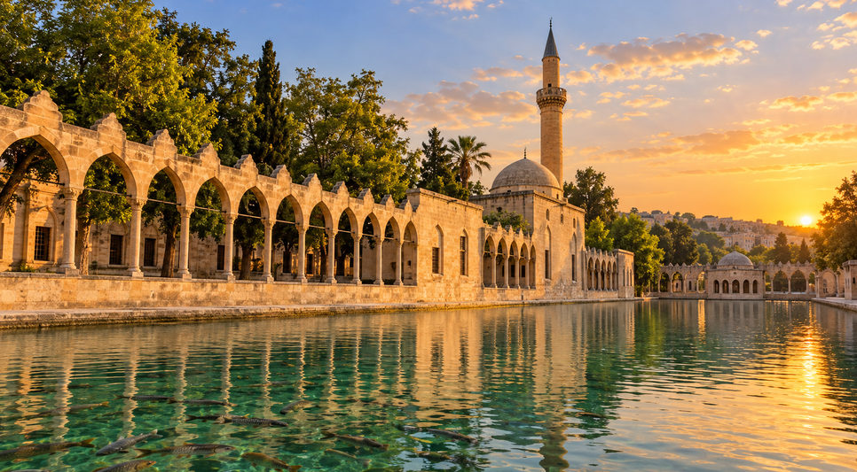 Şanlıurfa'da Balıklıgöl ve kıyısındaki taş kemerli cami avlusu