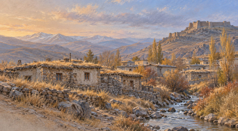 Yamaçta yan yana dizilmiş tek katlı taş evler ve düz toprak damlar