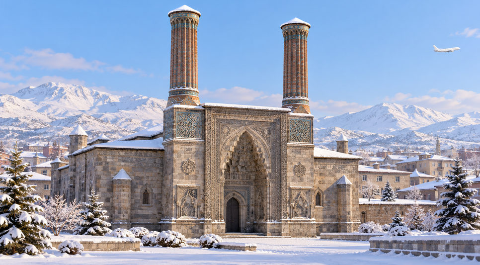 Karla kaplı Erzurum'da çifte minareli Selçuklu medresesinin taç kapısı