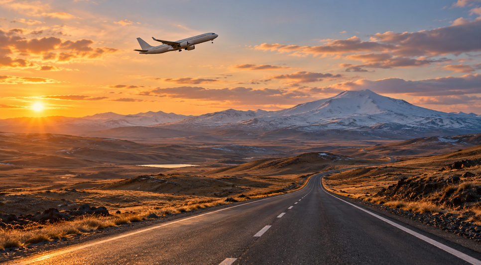 Yüksek platoda uzayıp giden iki şeritli asfalt yol ve kıraç tepeler