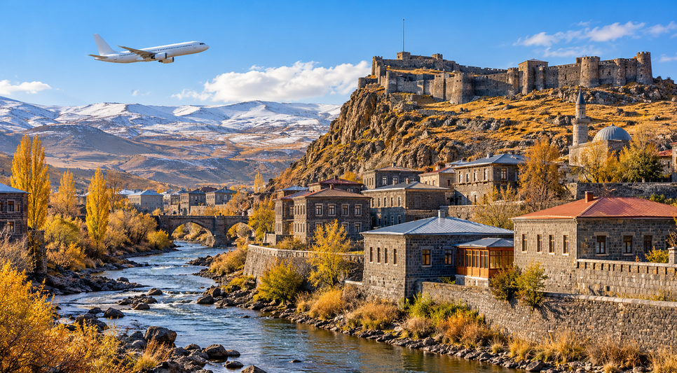 Kars'ta bazalt taşından yapılar ve tepedeki kale surları