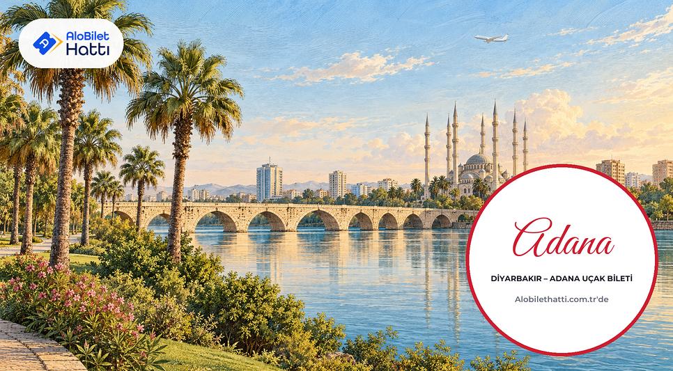 Adana'da Seyhan Nehri kıyısındaki palmiyeler ve tarihi taş köprü
