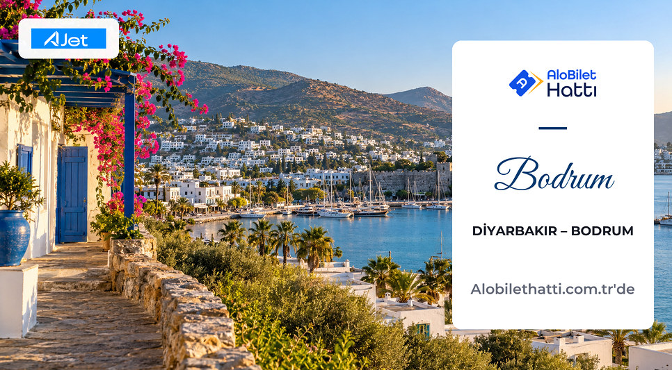 Bodrum koyunda beyaz evler, palmiyeler ve sakin deniz