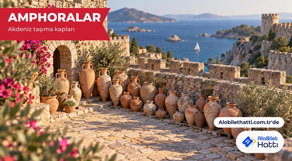 Taş kale avlusunda sıra sıra dizilmiş farklı biçimlerde antik amphoralar