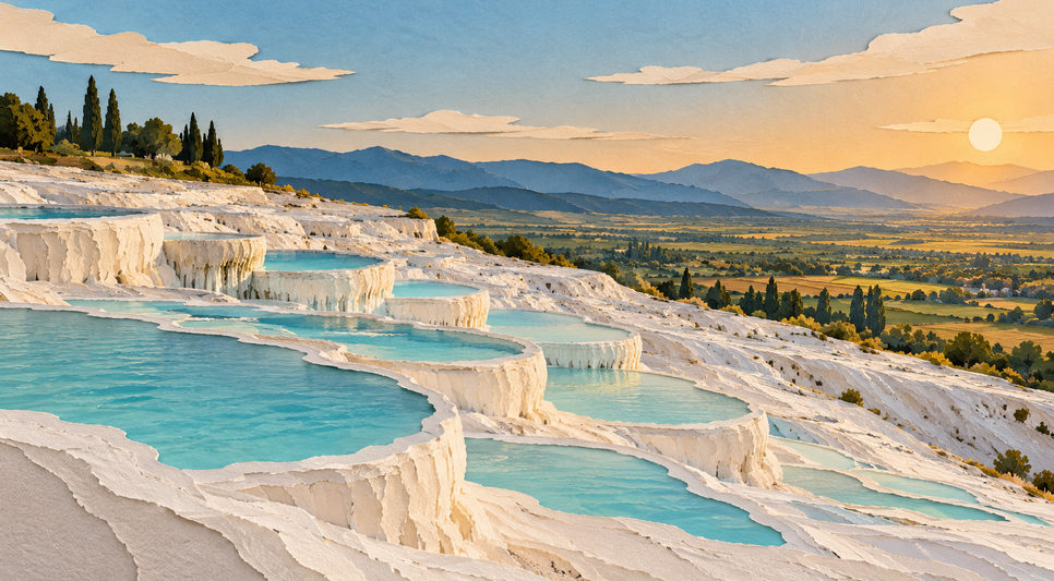 Pamukkale'de bembeyaz traverten teraslar ve içlerinde biriken mavi su