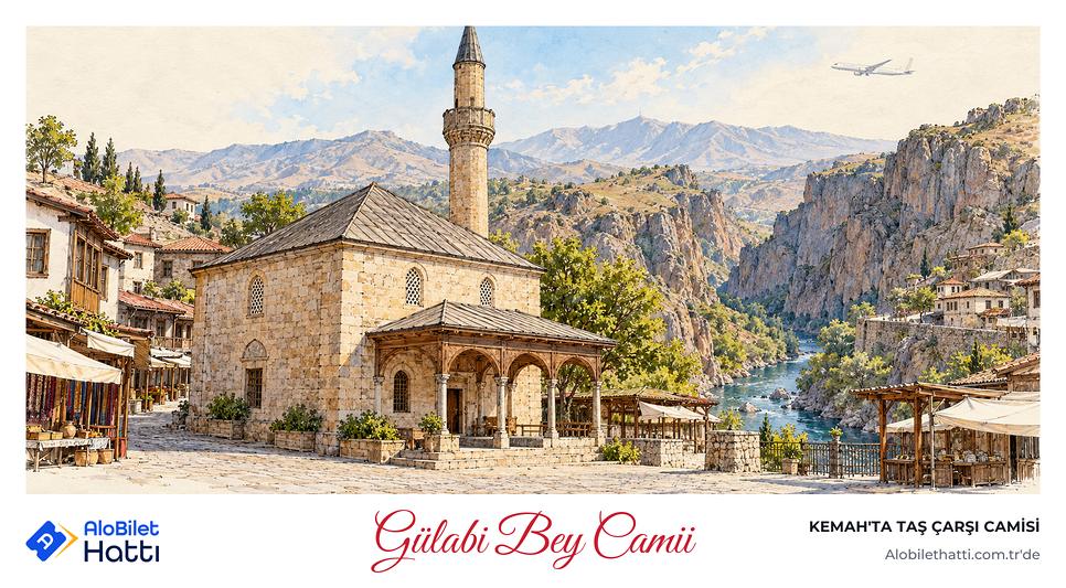 Eğimli çatılı kare planlı küçük taş cami ve önündeki son cemaat yeri