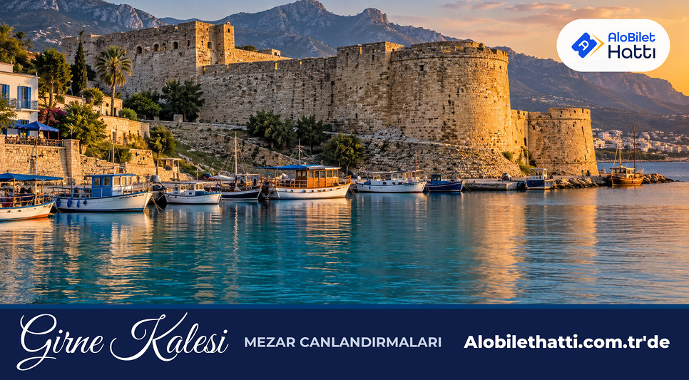 Limana bakan kalın taş duvarlı Girne Kalesi ve önündeki sakin deniz