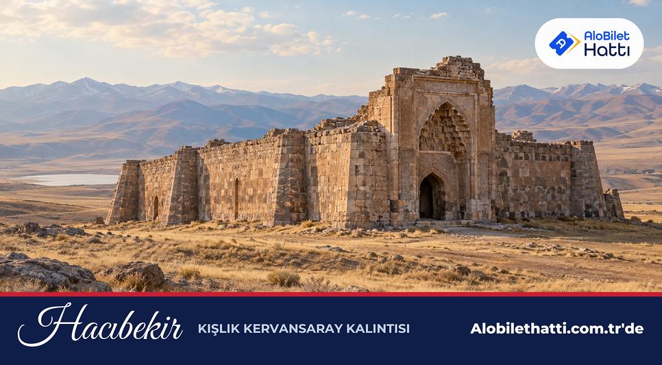 Bozkırda payandalı kalın taş duvarları olan yıkık bir kervansaray