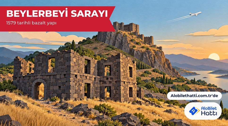 Kale eteğinde çatısız kalmış iki katlı kesme bazalt taş saray kalıntısı
