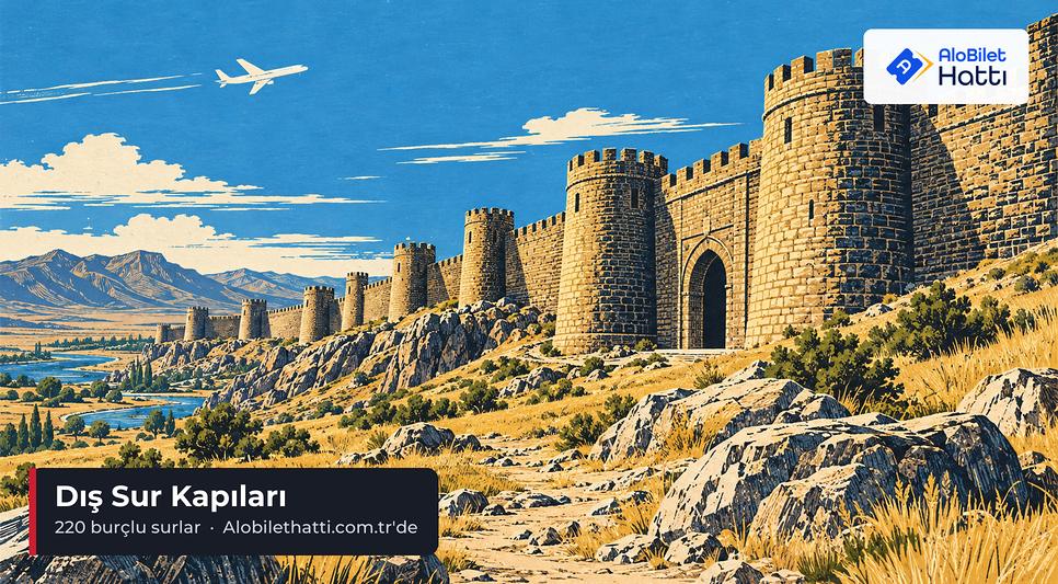 Burçlarla güçlendirilmiş kalın taş sur duvarı ve kemerli kapı açıklığı
