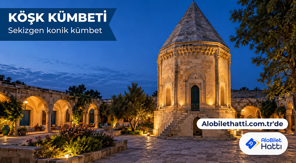 Açık avlunun ortasında sarımtırak taştan sekizgen gövdeli konik külahlı kümbet