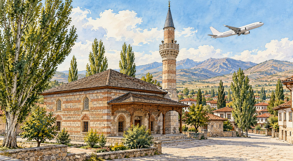 Taş ve tuğla örgülü minaresiyle küçük bir ilçe camisinin dış cephesi
