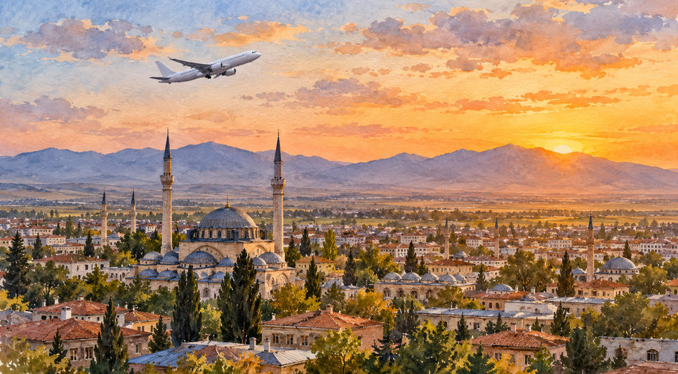 Konya ovasında uzanan şehir ve ufukta yükselen dağ silueti