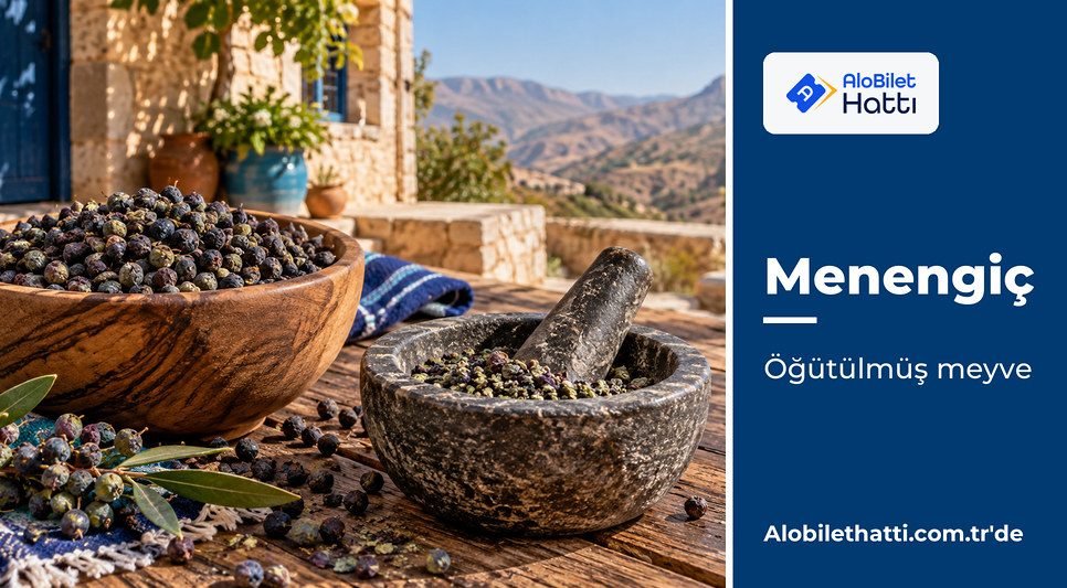 Ahşap kapta kurutulmuş menengiç meyveleri ve taş havan