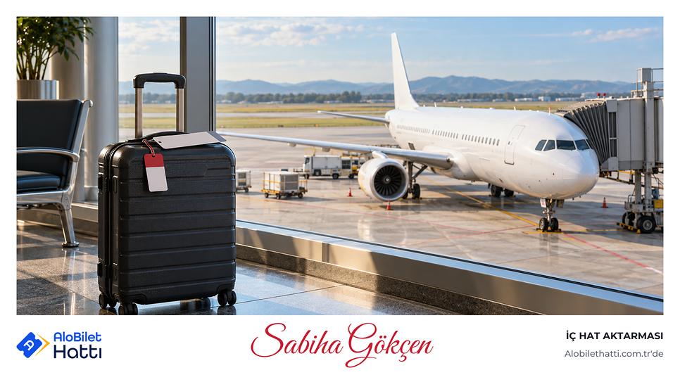 Kırmızı beyaz etiketli kabin valizi ve boş biniş kartı terminal camı önünde