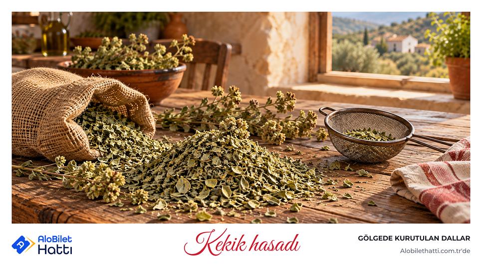 Ahşap masada kurutulmuş kekik yaprakları ve küçük bir çuval