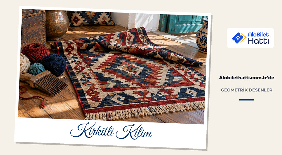 Doğal boyalı yünle dokunmuş geometrik desenli kilim ve tahta kirkit