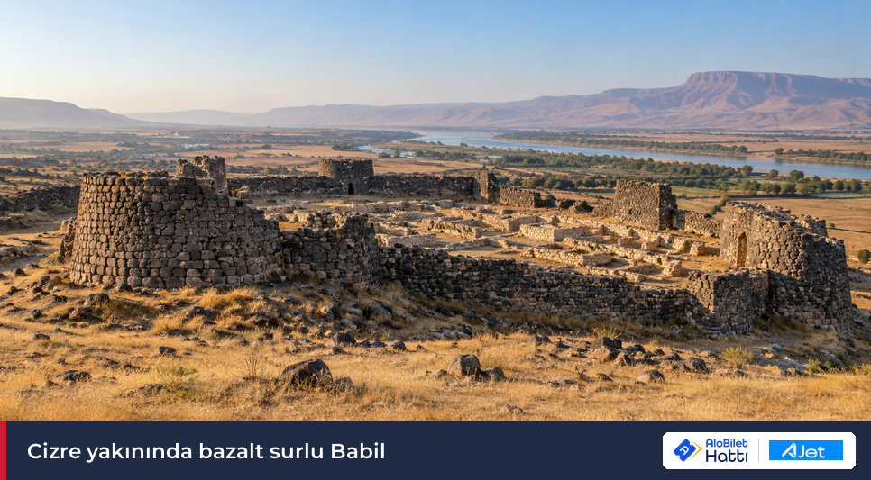 Kuru ovada yontulmamış siyah bazalt taşlardan yıkık sur ve burç kalıntıları