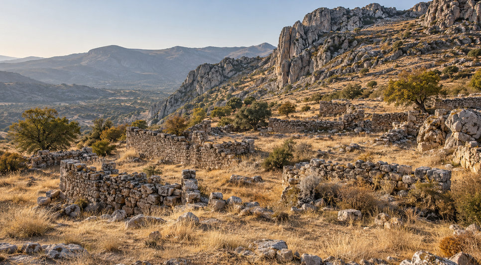 Dağlık arazinin eteğinde dağınık taş duvar kalıntıları ve kuru otlar