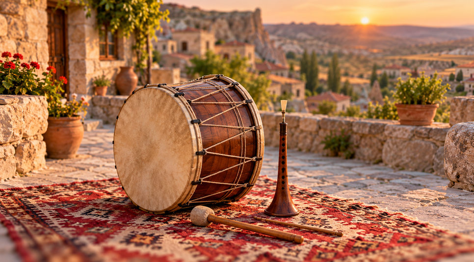 Kilim üzerinde duran büyük bir davul, tokmağı ve ahşap zurna