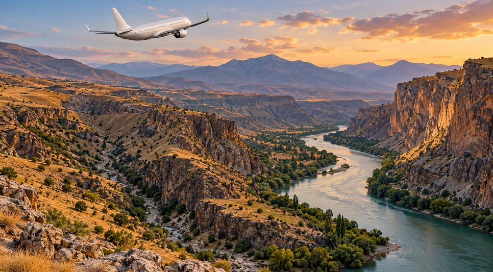 Derin vadide akan ırmak ve yanındaki dik kayalık yarlar