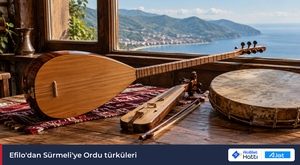 Ahşap masa üzerinde bağlama, kemençe ve el davulu
